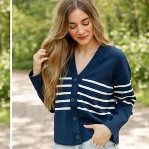 Spanx AirEssentials Navy and White Striped Cardigan Sweater brand new